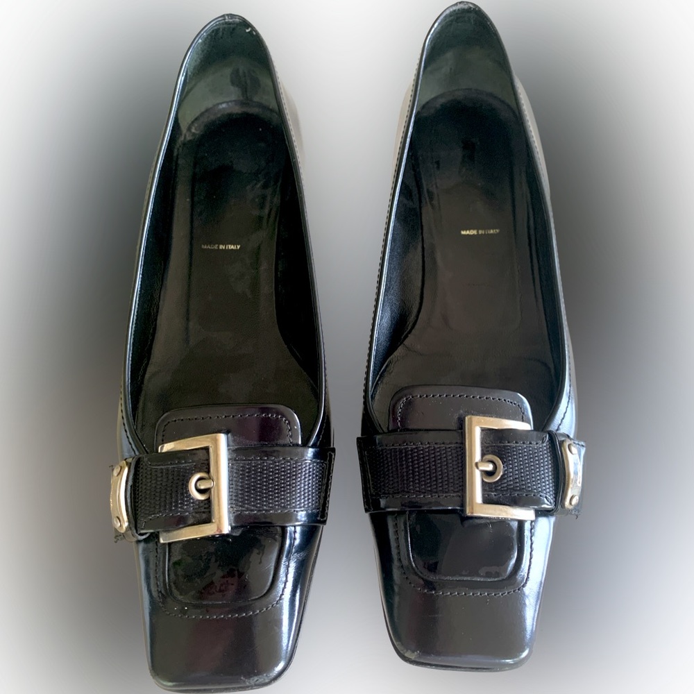 Prada 1 1/2” heel shoes with a big buckle, square toes